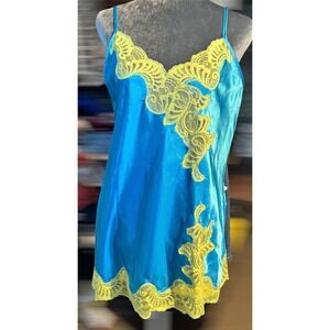 Valerie Stevens Turquoise Blue & Chartreuse Lace Satin Chemise Nightgown S
